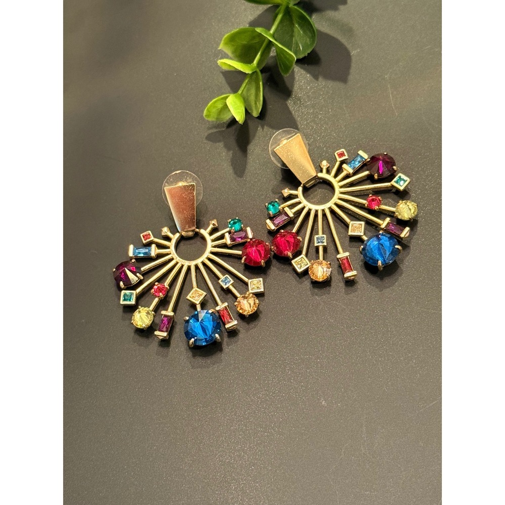 Kendra Scott Fabia Multi Color Crystal Sunburst Statement Earrings Gold Tone - Picture 5 of 10